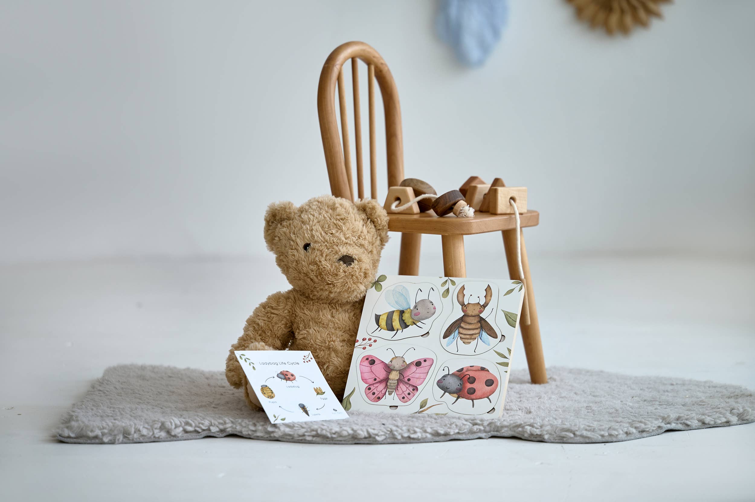 Medinė Montessori dėlionė „Vabzdžių gyvenimo ciklas“